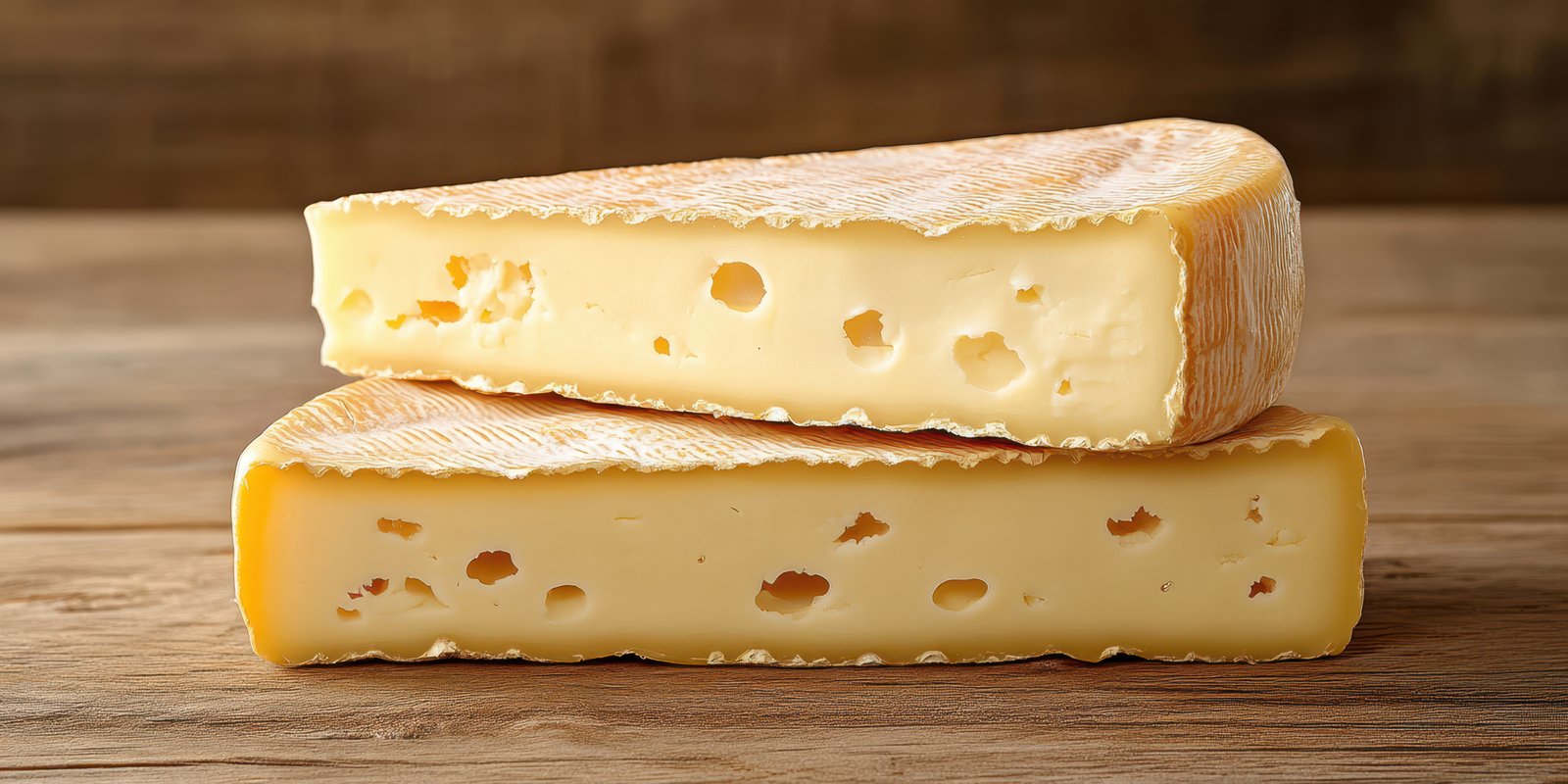 Slices of artisan cheese displayed on wooden surface showcasing texture and color variations